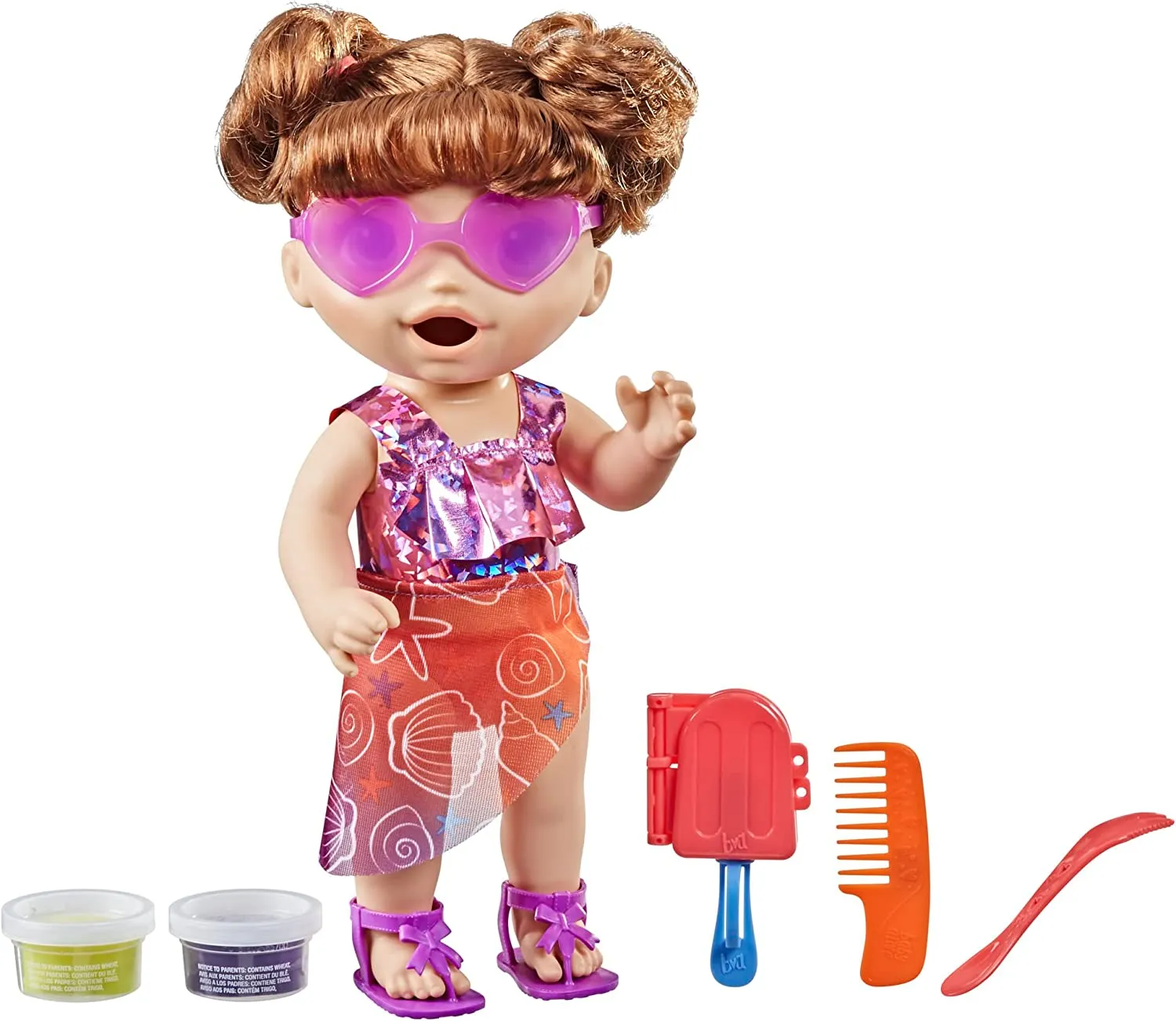 Baby Alive Sunshine Snacks Brown Hair Doll, Eats and Poops, Summer-Themed Waterplay Baby Doll for Kids Ages 3 