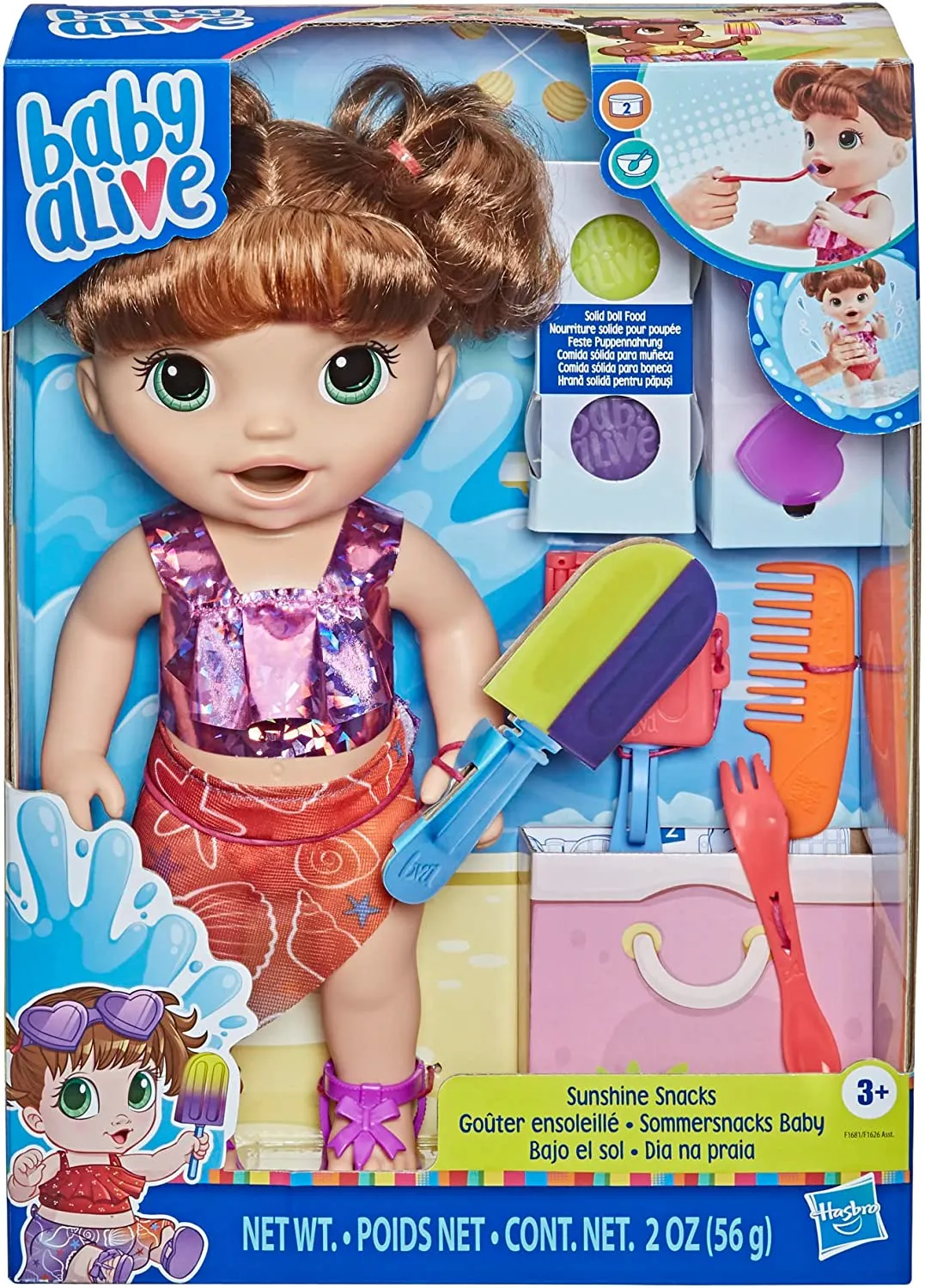 Baby Alive Sunshine Snacks Brown Hair Doll, Eats and Poops, Summer-Themed Waterplay Baby Doll for Kids Ages 3 