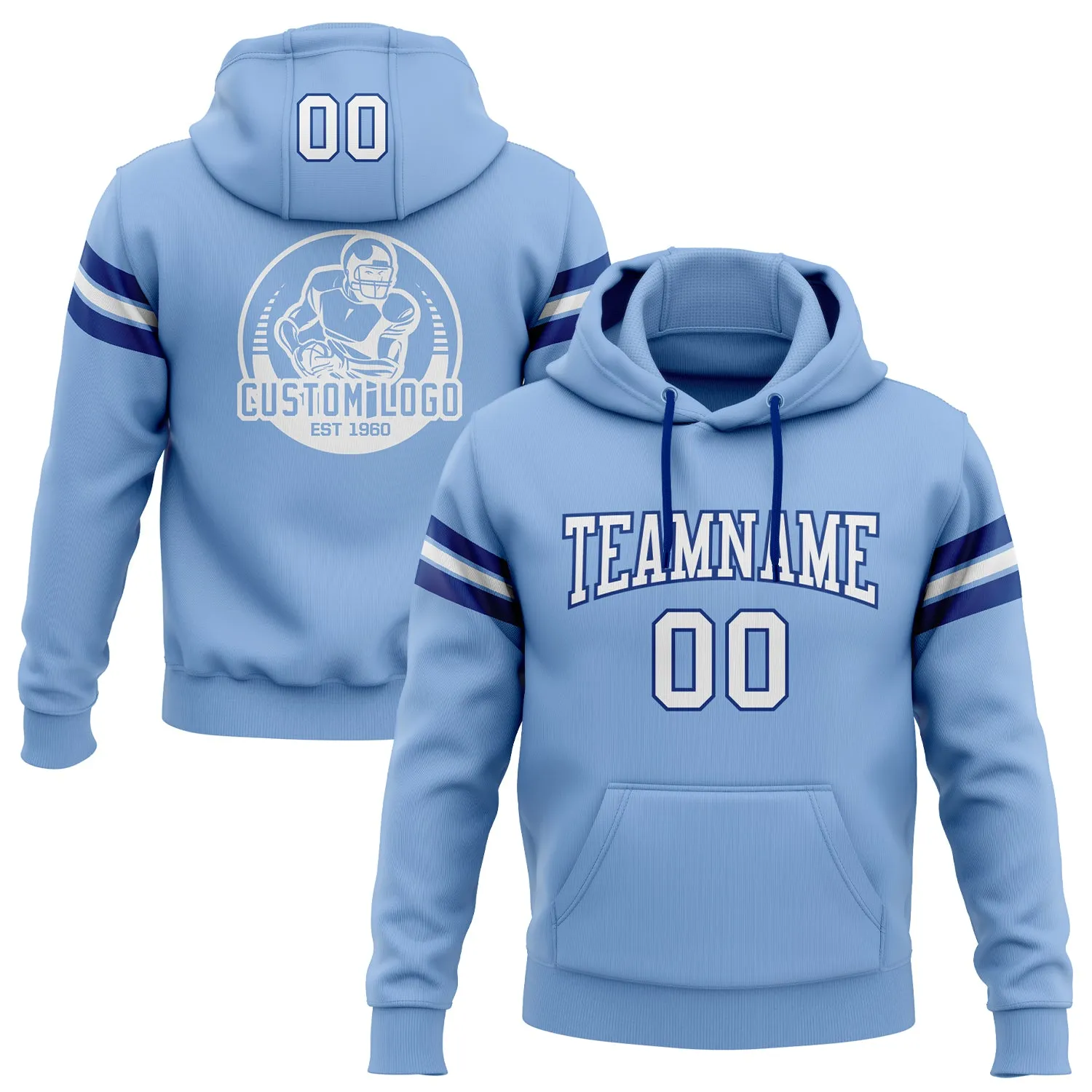 Custom Stitched Light Blue White-Royal Football Pullover Sweatshirt Hoodie