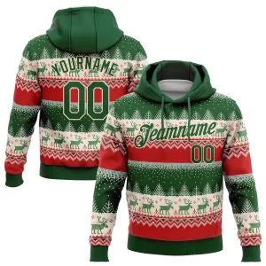 Custom Stitched Red Green-Cream 3D Christmas Reindeers Sports Pullover Sweatshirt Hoodie