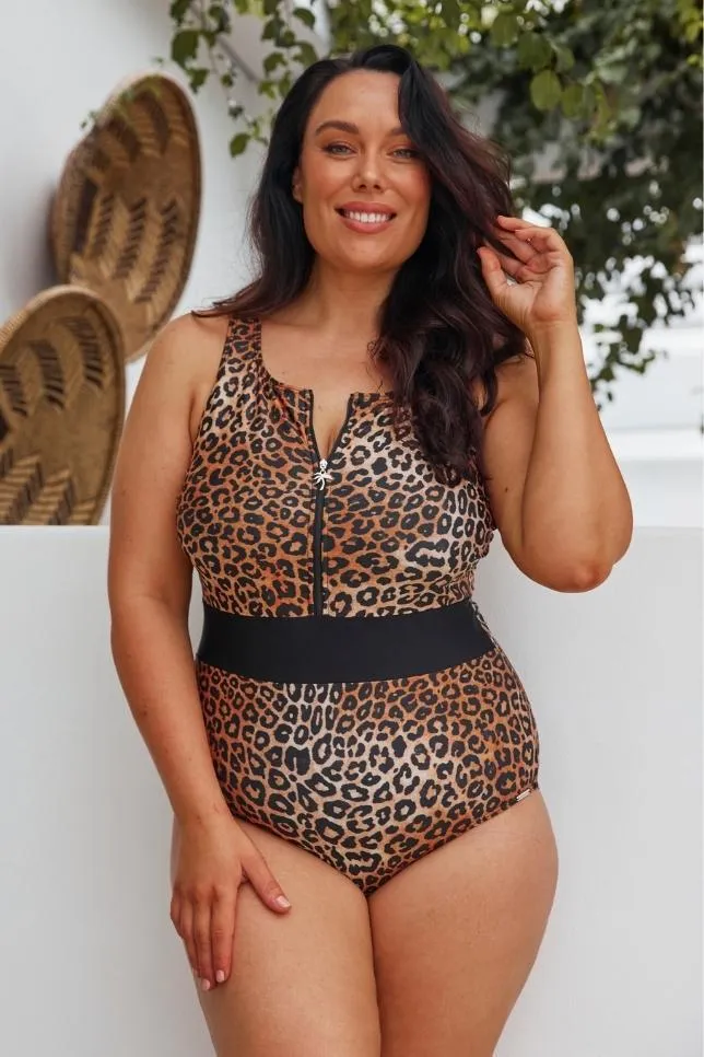 Leopard Sustainable Sleeveless Zip Front One Piece