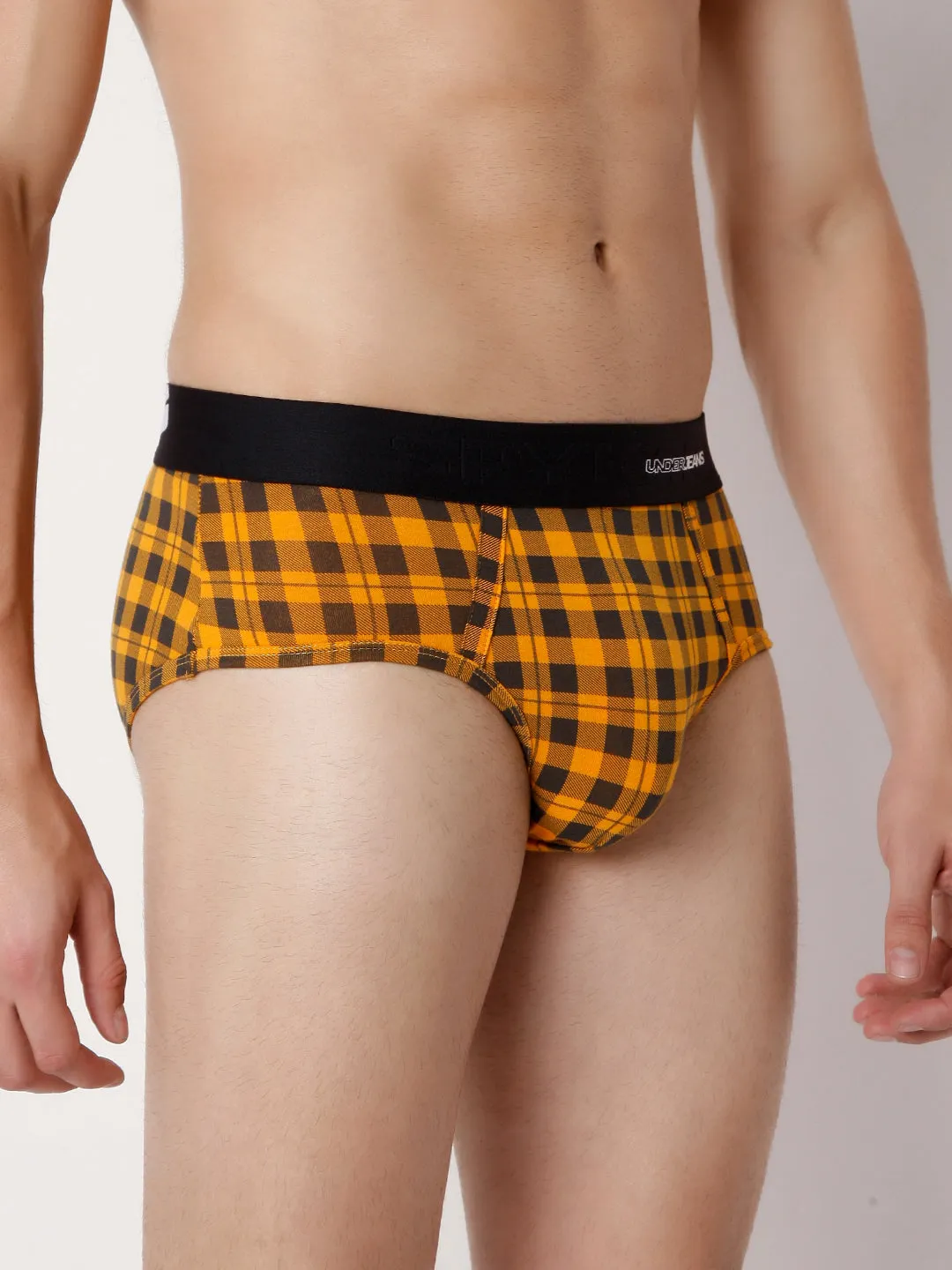 Men Premium Orange Check & Yellow Check Cotton Blend Brief (Pack Of 2)- Underjeans By Spykar