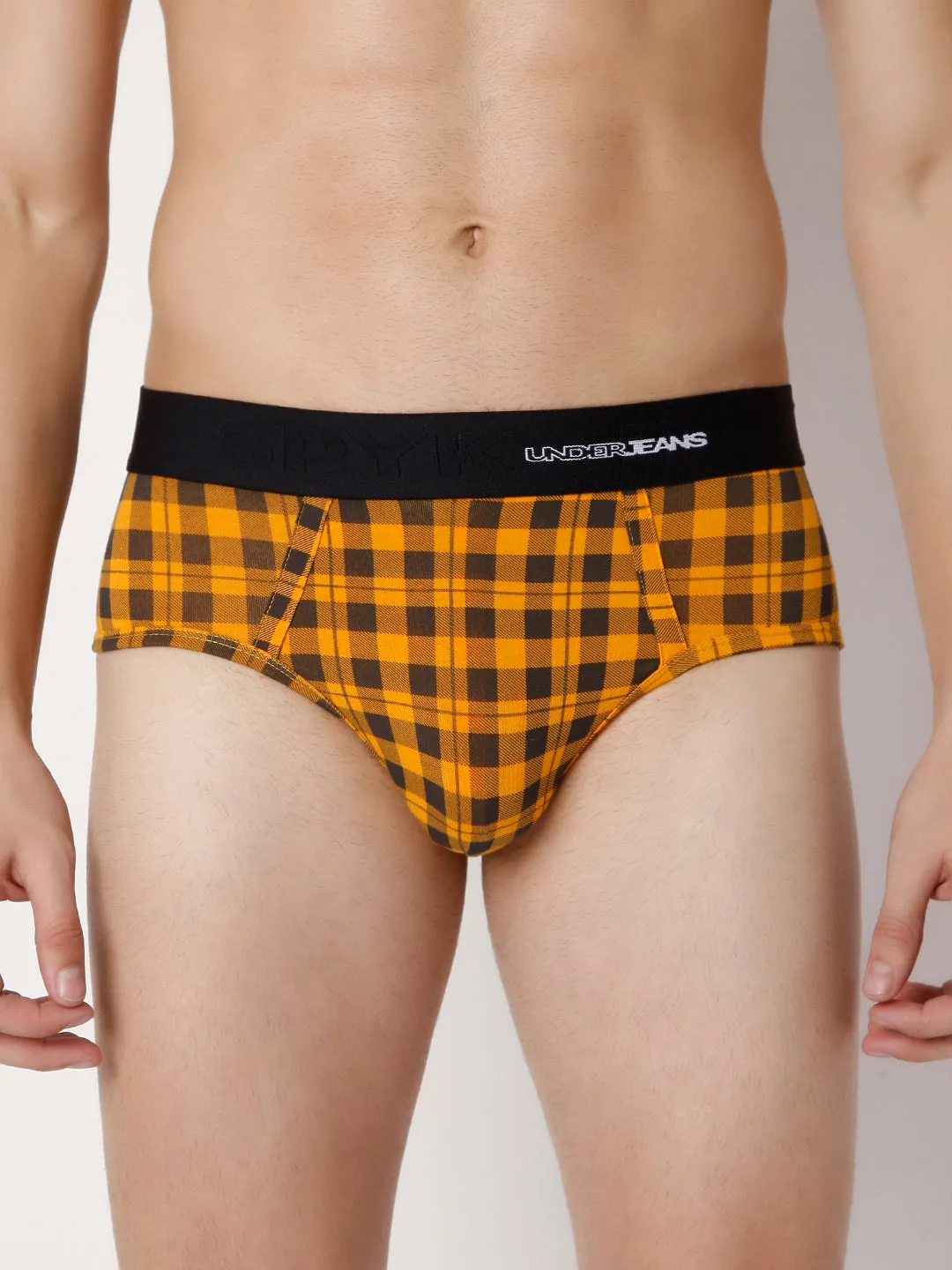 Men Premium Orange Check & Yellow Check Cotton Blend Brief (Pack Of 2)- Underjeans By Spykar