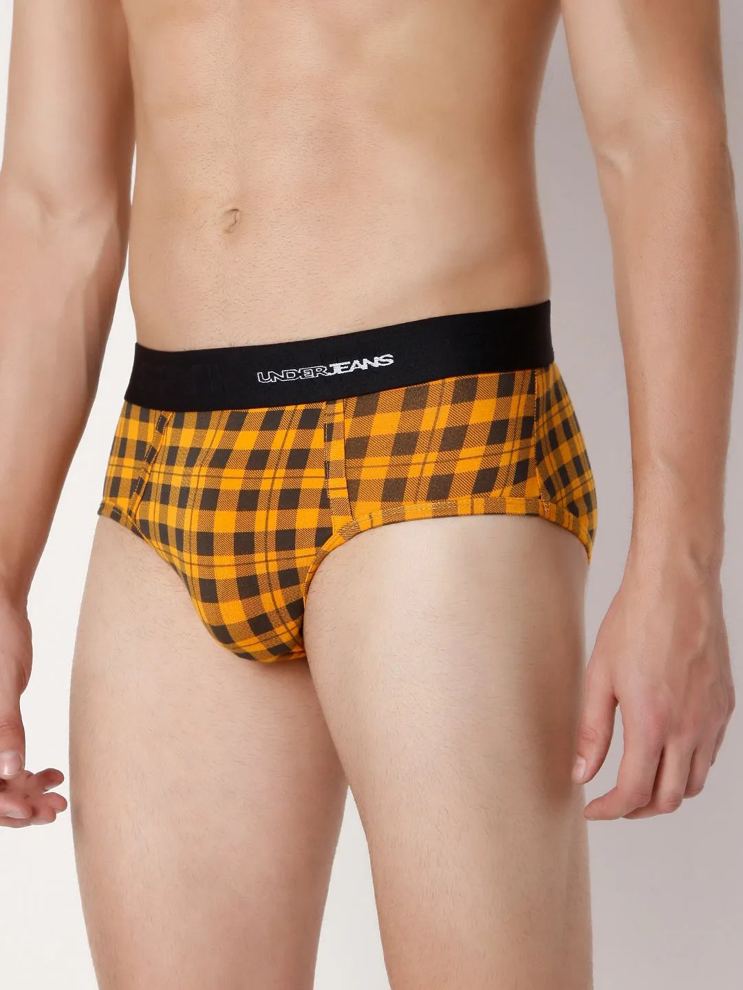 Men Premium Orange Check & Yellow Check Cotton Blend Brief (Pack Of 2)- Underjeans By Spykar