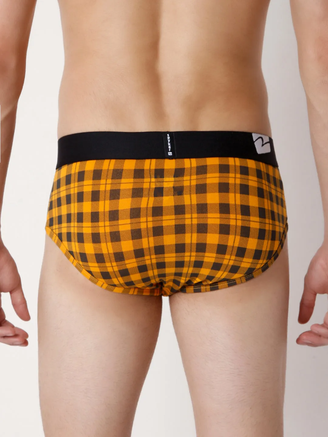 Men Premium Orange Check & Yellow Check Cotton Blend Brief (Pack Of 2)- Underjeans By Spykar