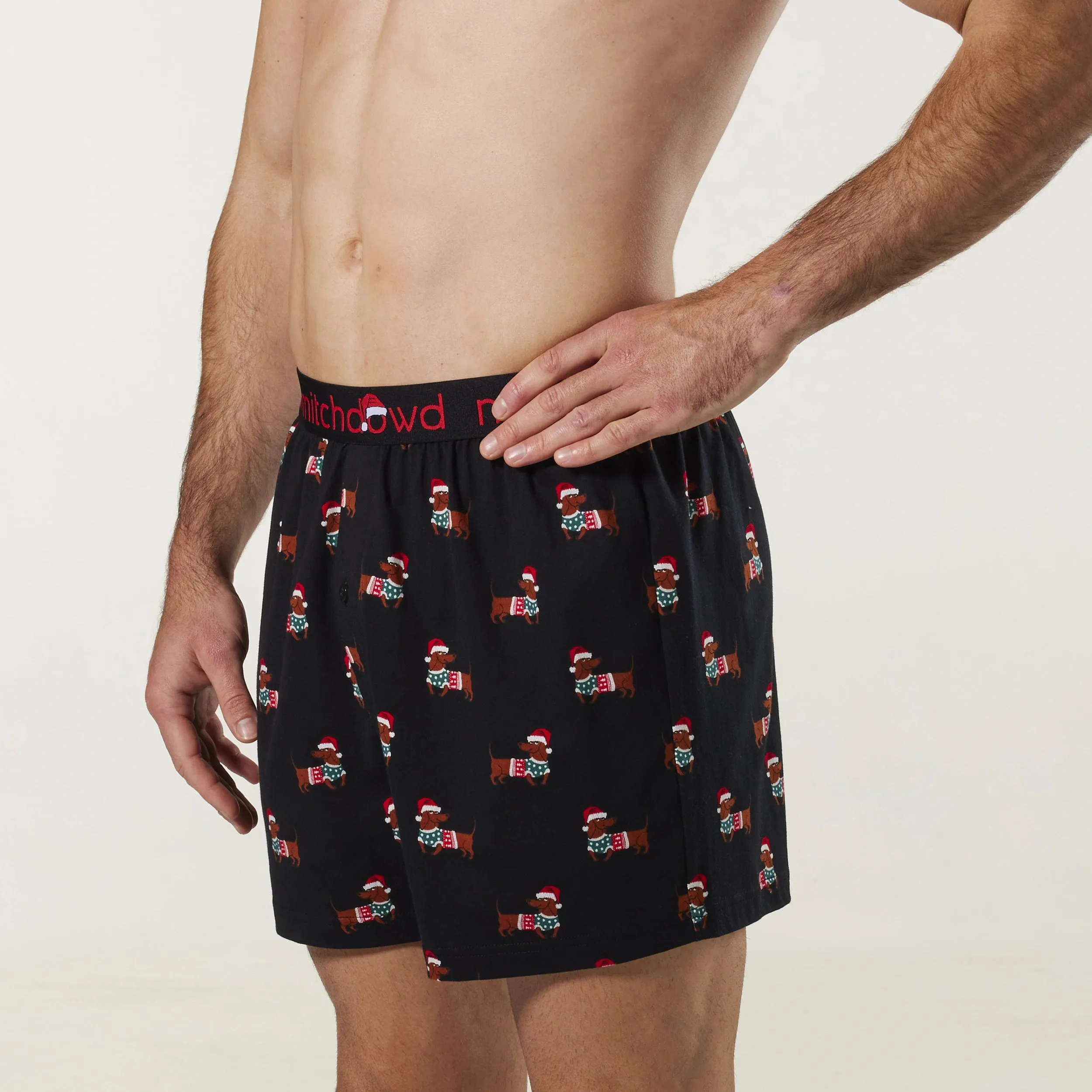 Men's Christmas Sausage Dogs Cotton Loose Fit Knit Boxer Shorts - Black