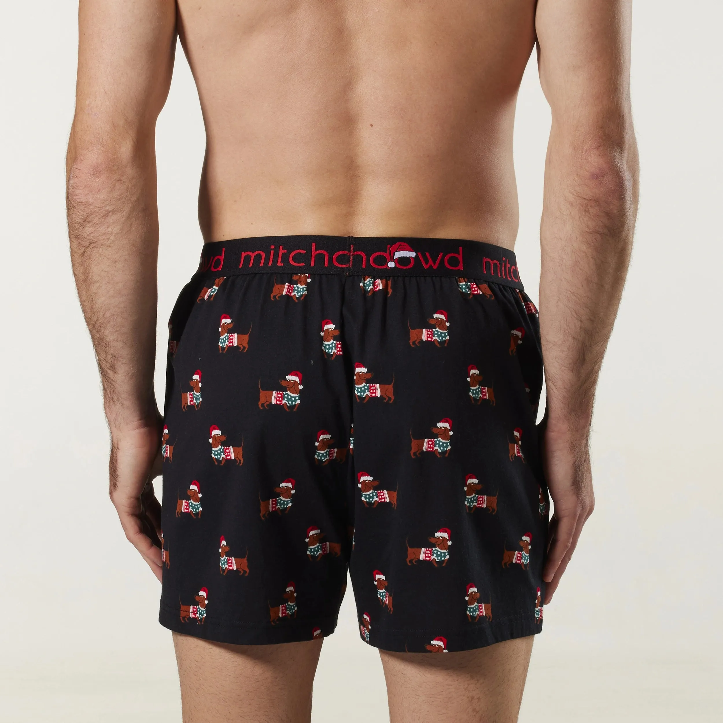 Men's Christmas Sausage Dogs Cotton Loose Fit Knit Boxer Shorts - Black