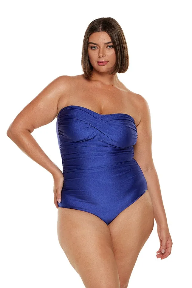 Metallic Blue Twist Front Bandeau One Piece