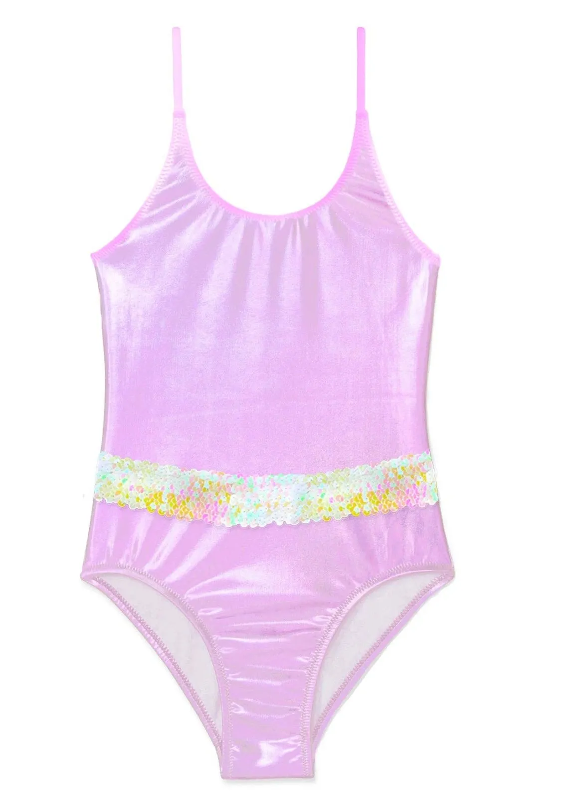 Metallic Pink Sequin Belt Girls One Piece Swimsuit