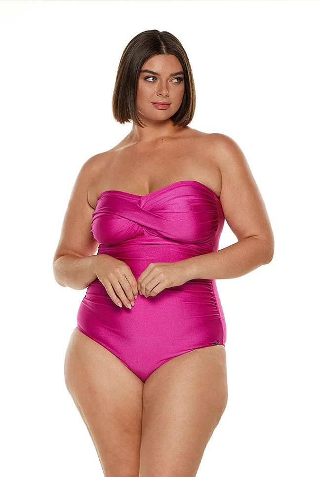 Metallic Pink Twist Front Bandeau One Piece