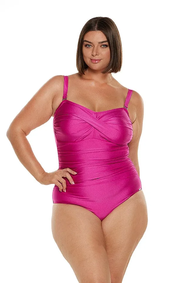 Metallic Pink Twist Front Bandeau One Piece