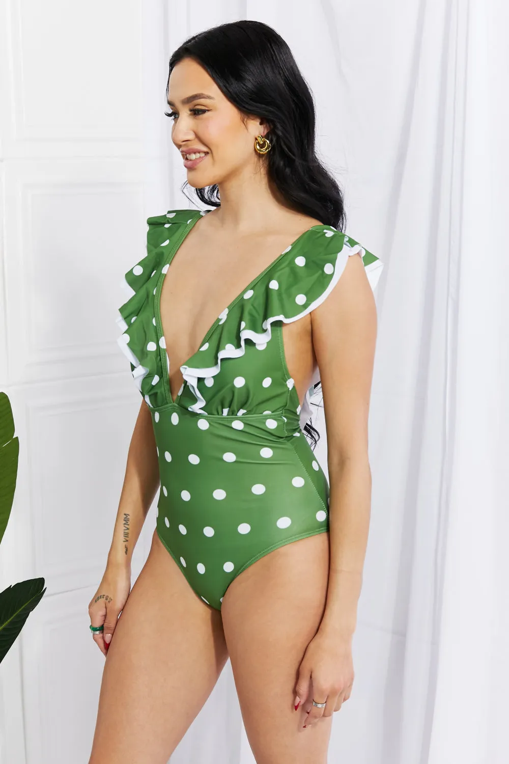 Moonlit Dip Ruffle Plunge Swimsuit in Mid Green