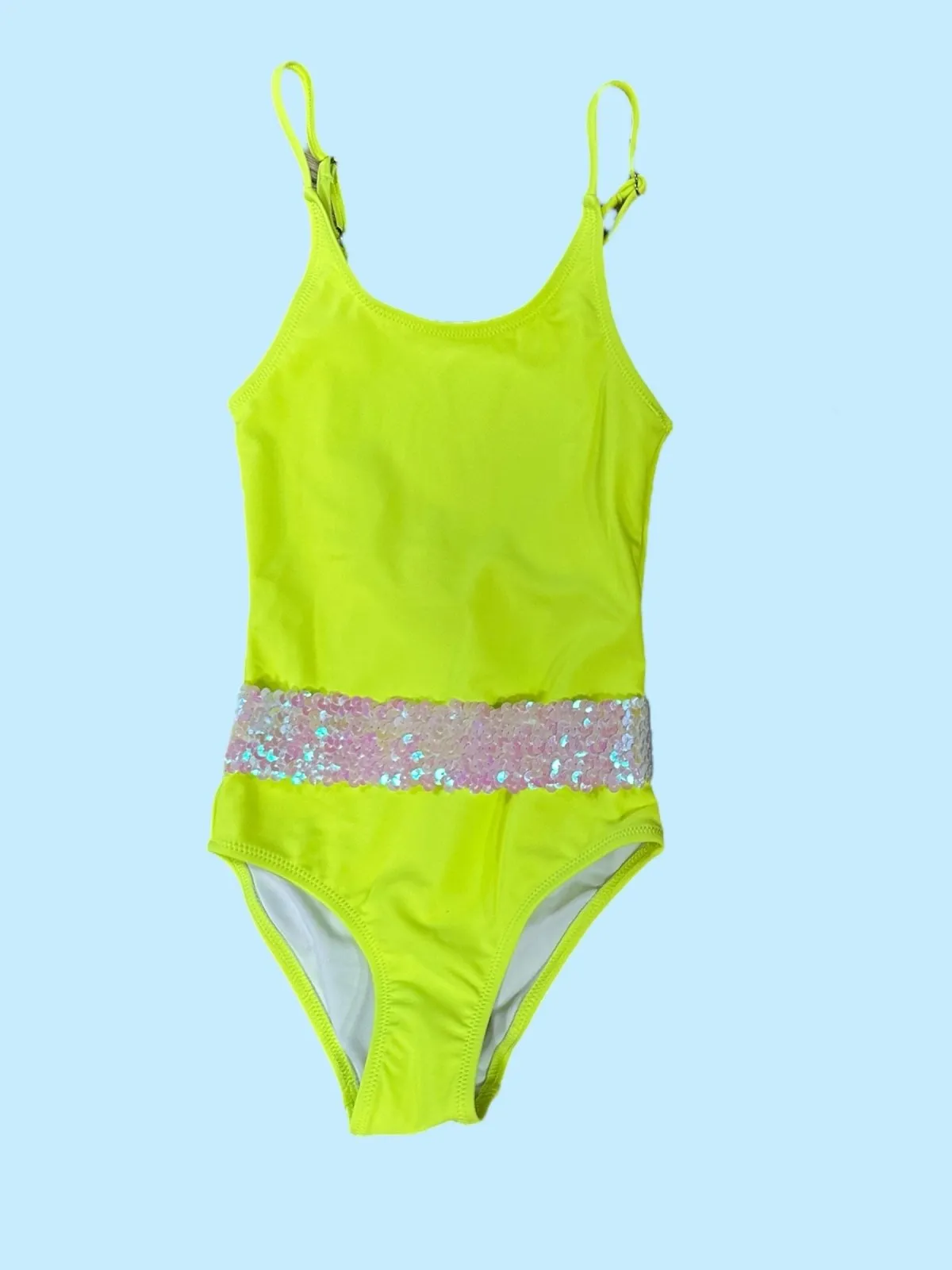 Neon Yellow Iridescent Sequin Belt One Piece Girls Swimsuit