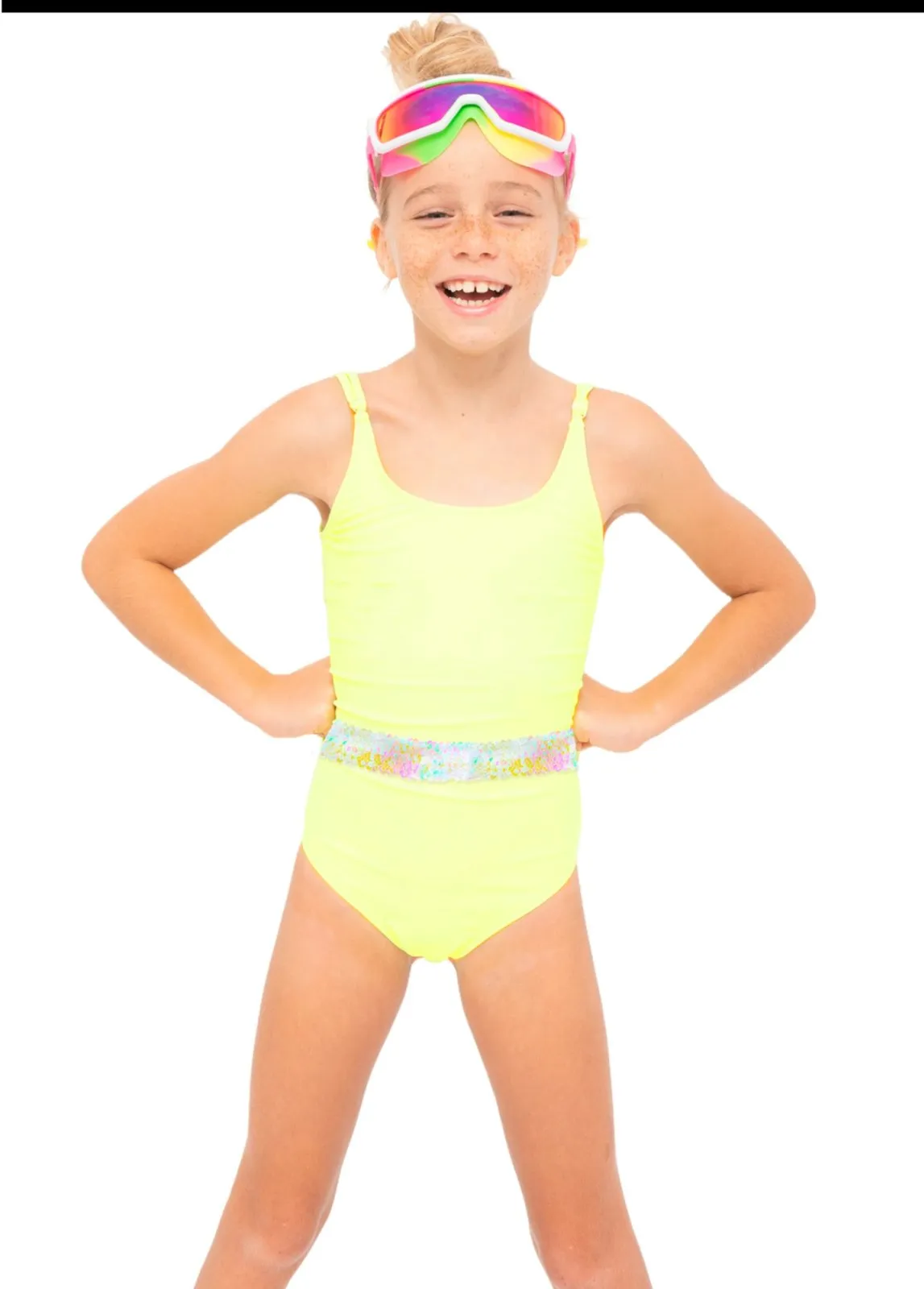 Neon Yellow Iridescent Sequin Belt One Piece Girls Swimsuit