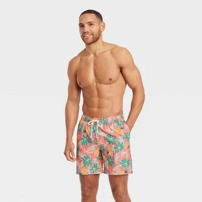 New - Men's 7" Floral Print Swim Shorts with Boxer Brief Liner - Goodfellow & Co Red XL