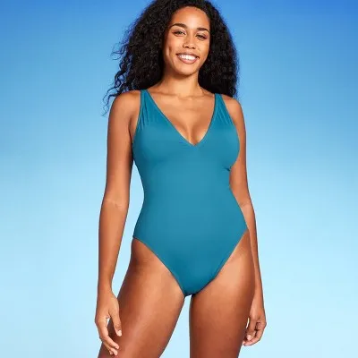 New - Women's Shaping Plunge High Leg One Piece Swimsuit - Shade & Shore Teal Blue S