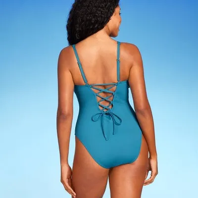 New - Women's Shaping Plunge High Leg One Piece Swimsuit - Shade & Shore Teal Blue S