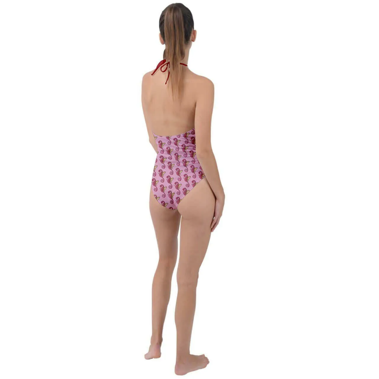 Pink Seahorses Plunge Cut Halter Swimsuit