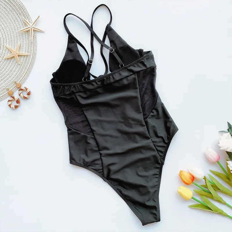 Sexy High Waist One-piece Swimsuit Women's Solid Cross Strap Swimsuit