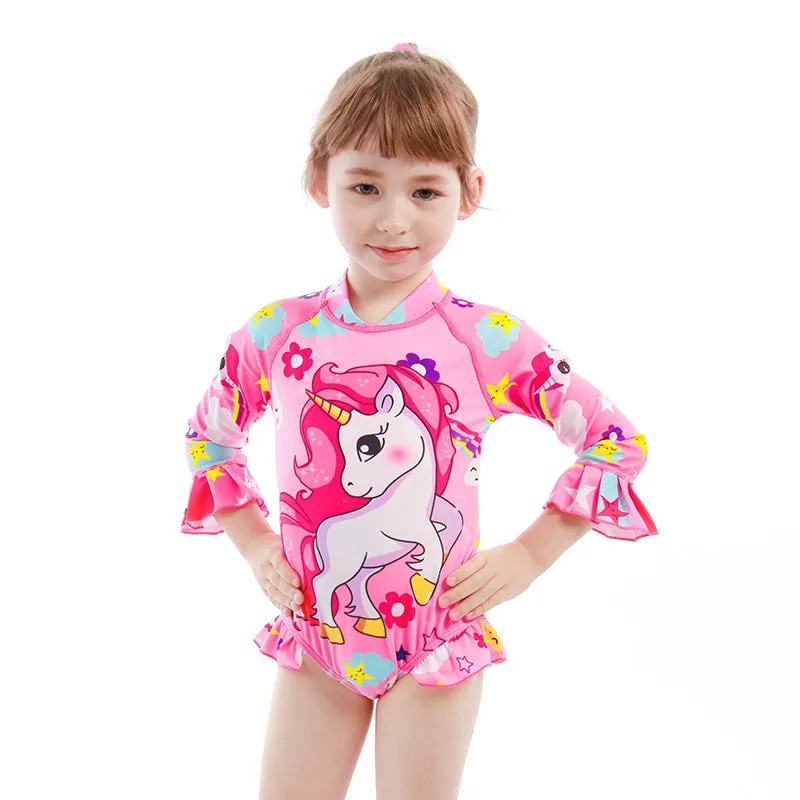 Swimsuit One-Piece for Children with Hat Girls Spring Diving Swimwear