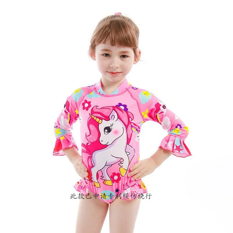 Swimsuit One-Piece for Children with Hat Girls Spring Diving Swimwear