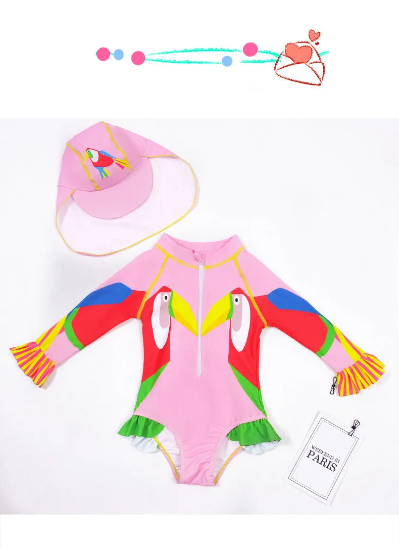 Swimsuit One-Piece for Children with Hat Girls Spring Diving Swimwear