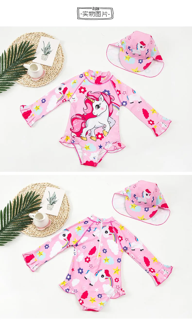 Swimsuit One-Piece for Children with Hat Girls Spring Diving Swimwear