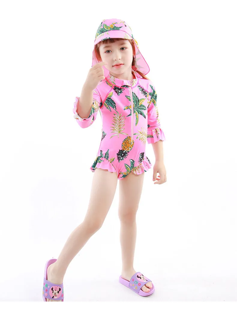 Swimsuit One-Piece for Children with Hat Girls Spring Diving Swimwear