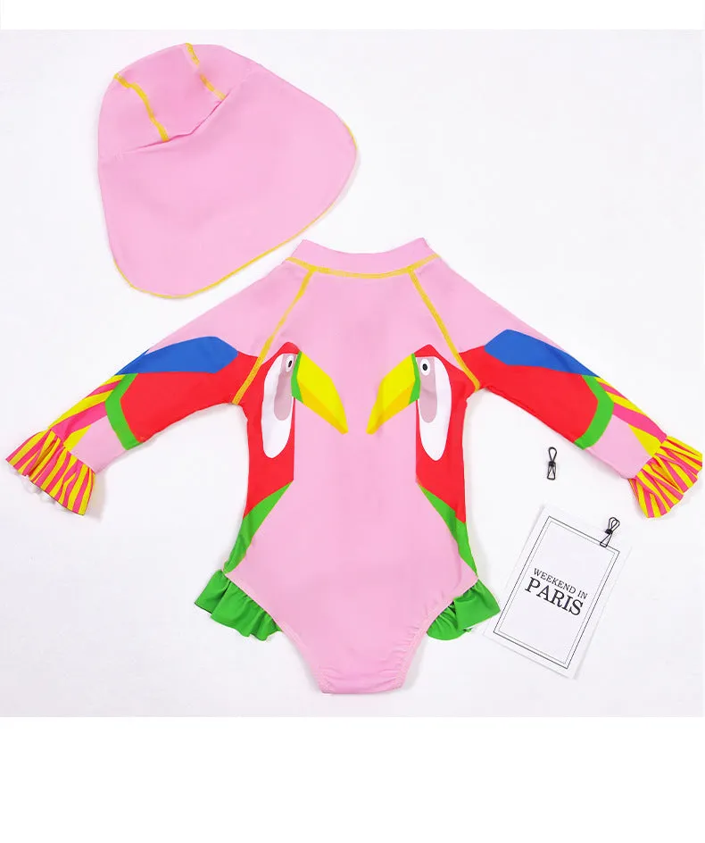 Swimsuit One-Piece for Children with Hat Girls Spring Diving Swimwear