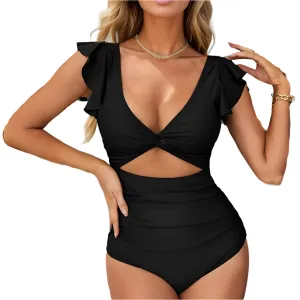 TEEK - Backless Slimming Black Bikini Ruffle Swimsuit