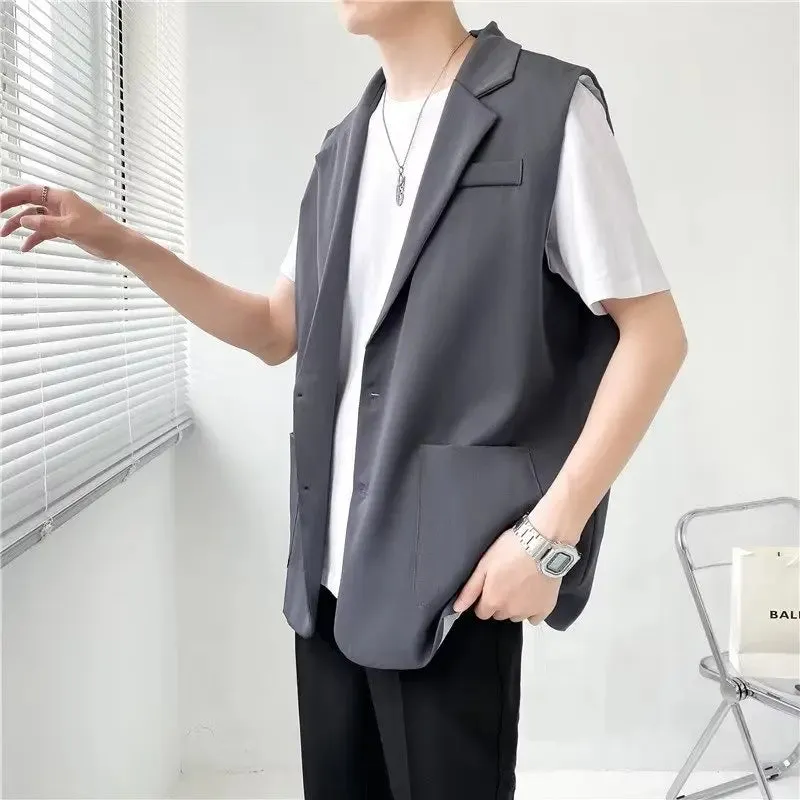 Wiaofellas  -  Grey Black Suit Vest Men Fashion Social Mens Dress Vest Korean Loose Sleeveless Blazer Mens Jacket Office Formal Vest M-2XL