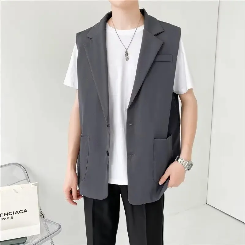 Wiaofellas  -  Grey Black Suit Vest Men Fashion Social Mens Dress Vest Korean Loose Sleeveless Blazer Mens Jacket Office Formal Vest M-2XL